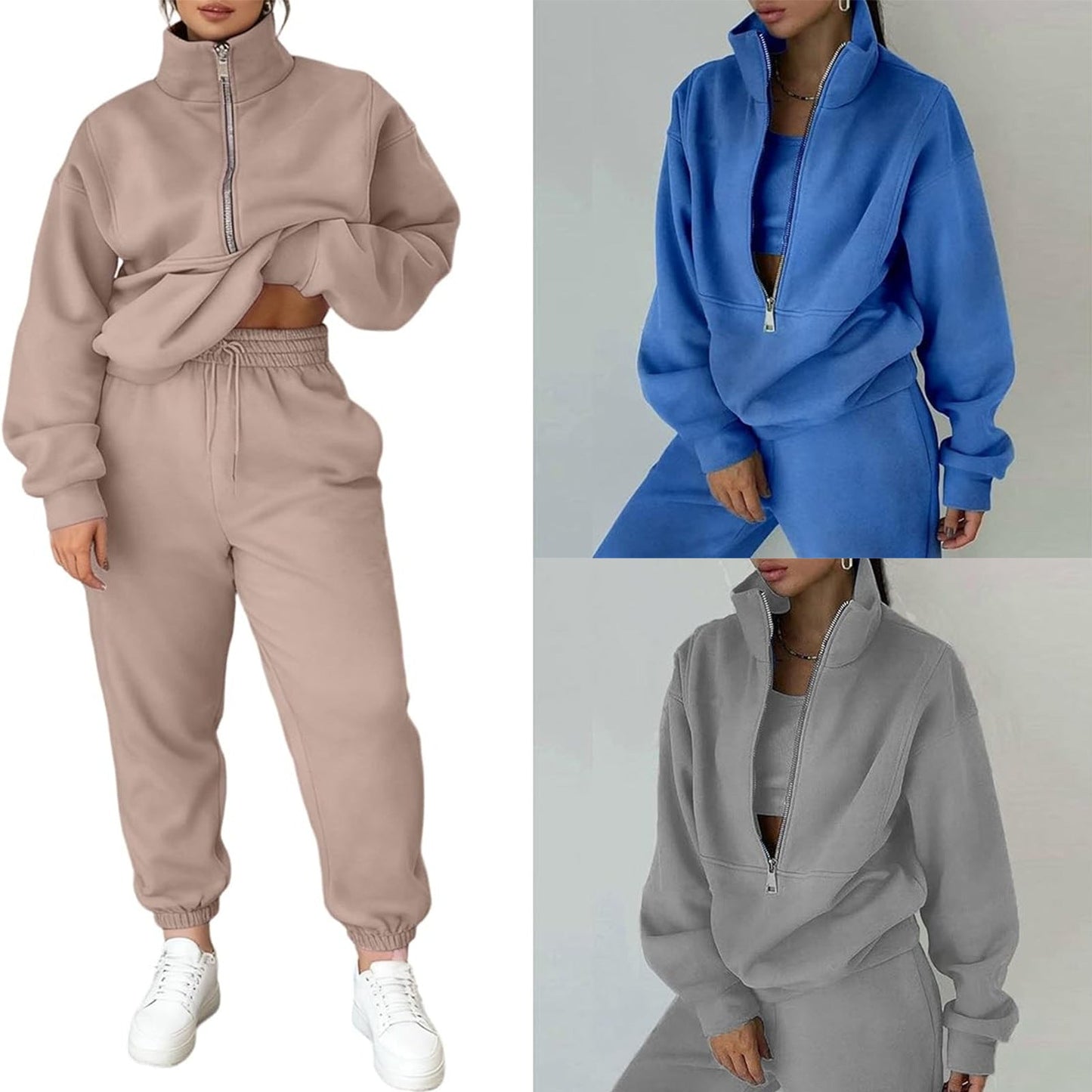 Damen Fleece-Pullover Hochkragen Reißverschluss Kuschelig Grau - Eveloria