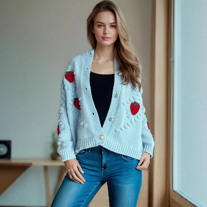 Damen Strickjacke Erdbeer Stickerei Knopfverschluss