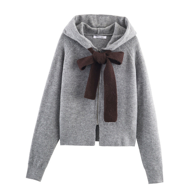 Damen Strickpullover mit Kapuze und Bindeband