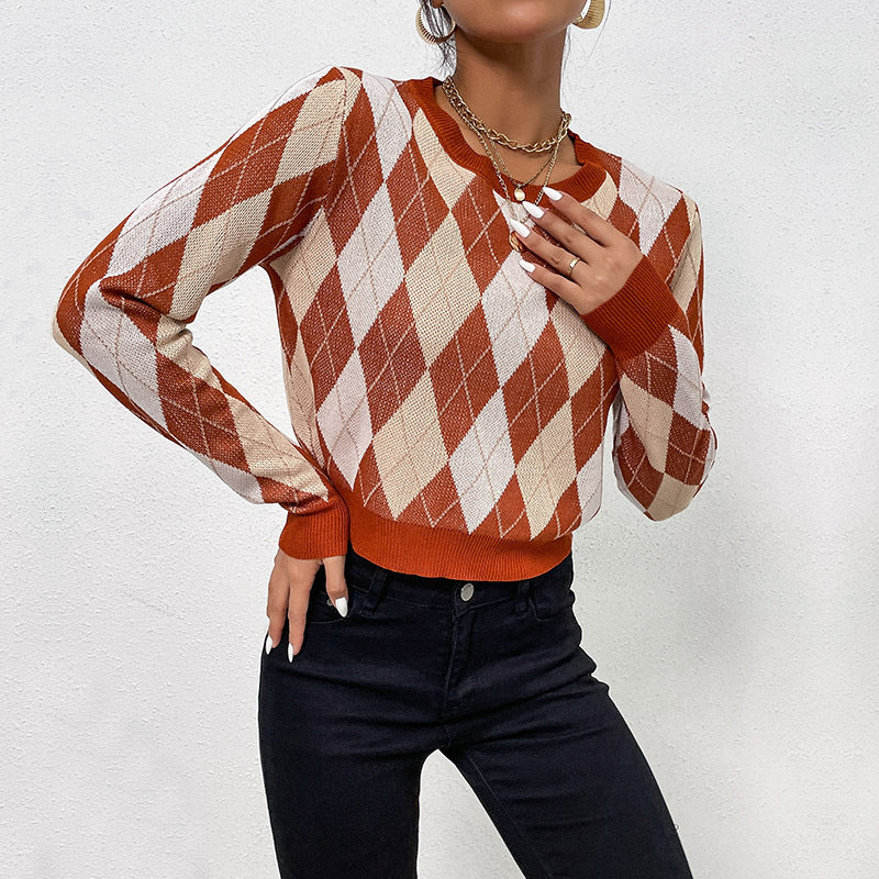 Damen Strickpullover Rautenmuster Lässiger Schnitt Eveloria