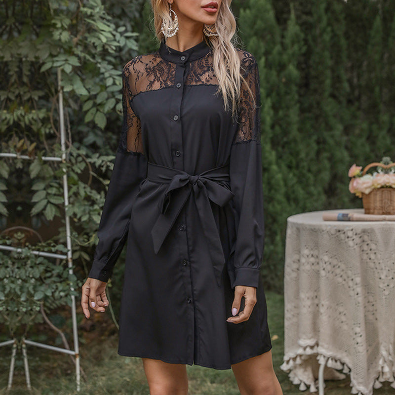 Damen Hemdblusenkleid Spitze Ärmel Taillengürtel Schwarz Eveloria - Eveloria