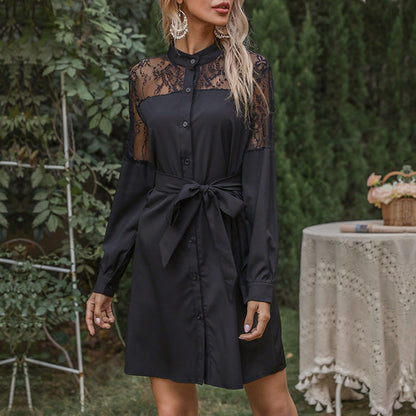 Damen Hemdblusenkleid Spitze Ärmel Taillengürtel Schwarz Eveloria - Eveloria