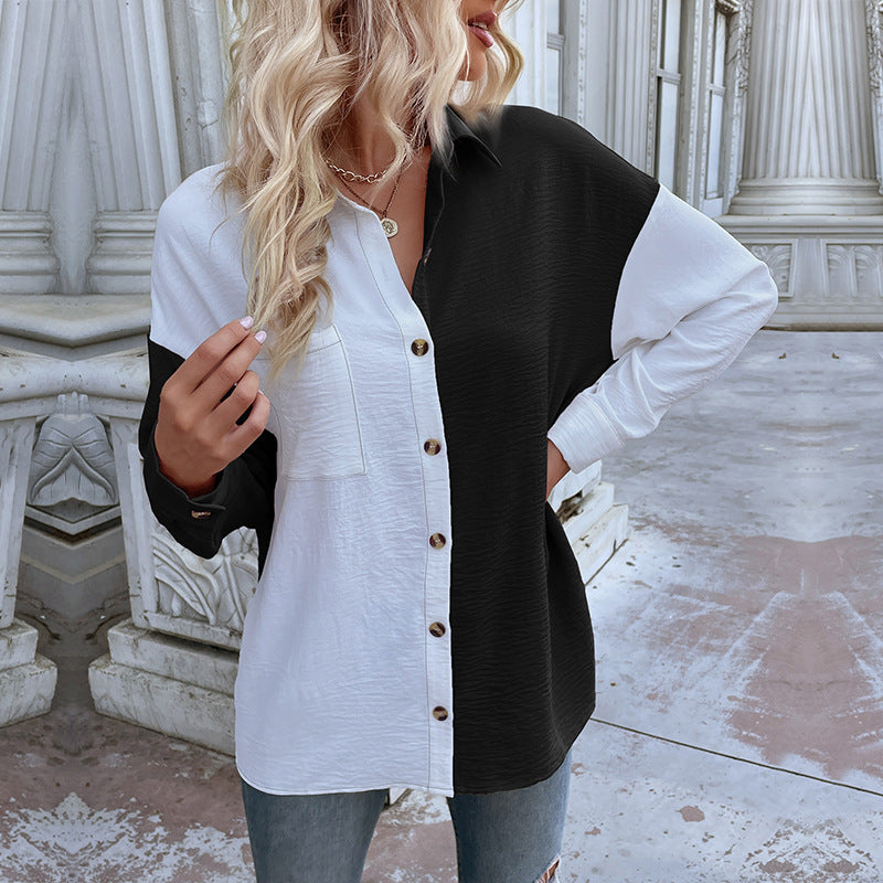 Damen Oversized Blusenhemd 2-Farb-Design Knopfdetails