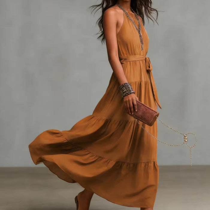Damen Maxikleid Tiefes Rückendesign Taillengürtel Eveloria