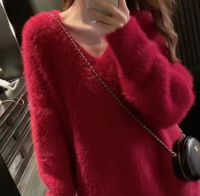 Damen Pullover V-Ausschnitt Mohair Flausch Eveloria