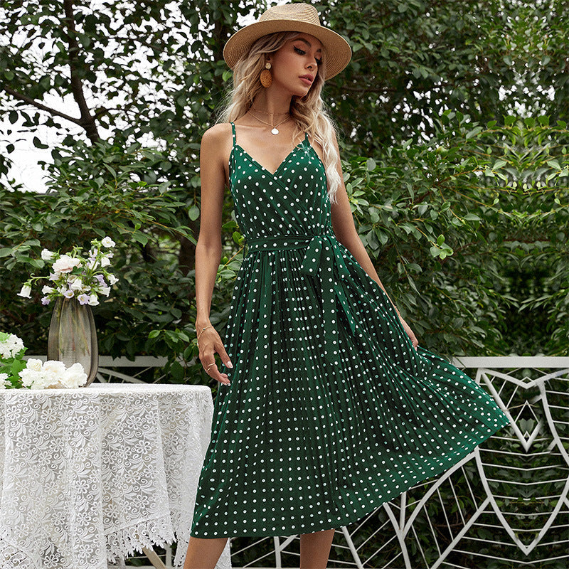 Damen Midikleid Taillengürtel Polka Dot Muster