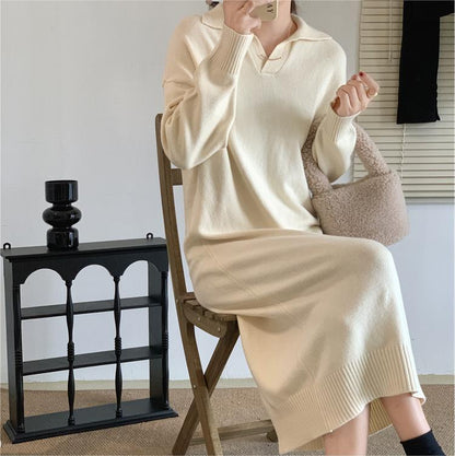 Damen Polo-Kleid Langarm Weiches Strickmaterial Eveloria