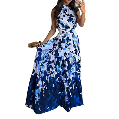 Damen Maxikleid Stehkragen Fließender Rock Eveloria