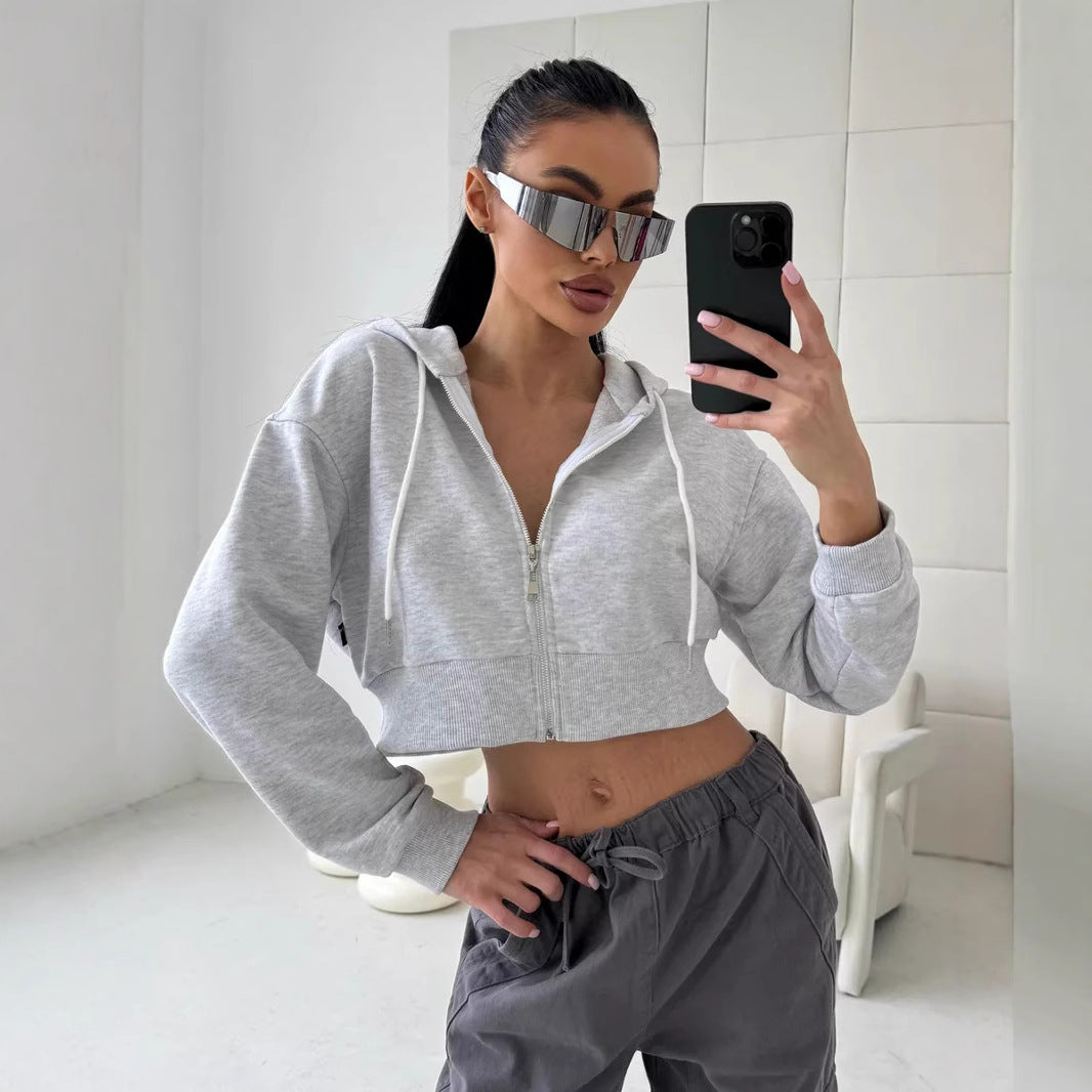 Damen Cropped Hoodie Sportlich mit Kängurutasche und weiten Ärmeln