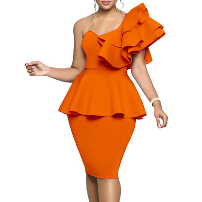 Damen Peplum-Kleid Schulterfrei Rüschendetails