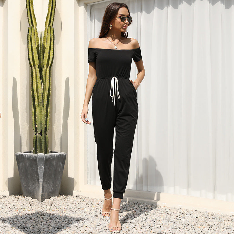 Damen Jumpsuit Schulterfrei Verstellbarer Bund Eveloria