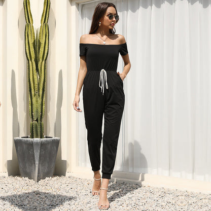 Damen Jumpsuit Schulterfrei Verstellbarer Bund Eveloria