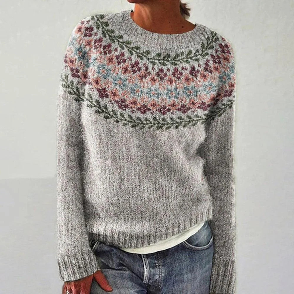 Damen Pullover Floralmuster Jacquard Weites Design Beige