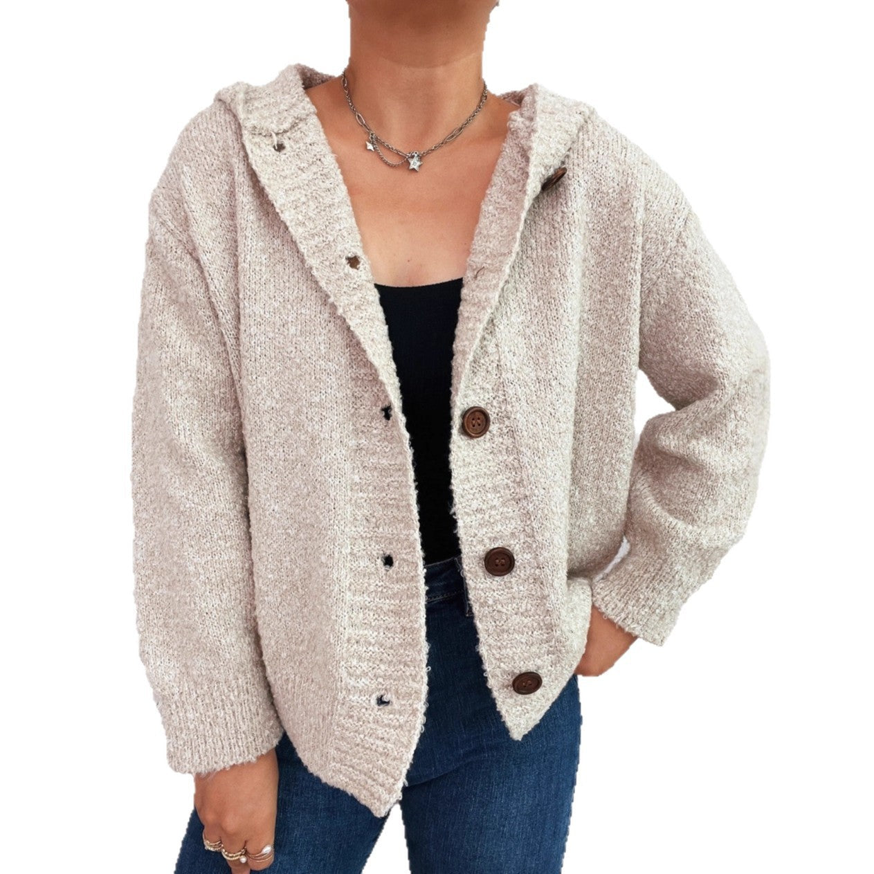 Damen Strickjacke Kapuze Knöpfe Grau Eveloria