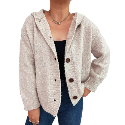 Damen Strickjacke Kapuze Knöpfe Grau Eveloria