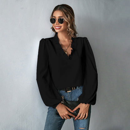 Damen Bluse Rüschendetails Voluminöse Ärmel Eveloria