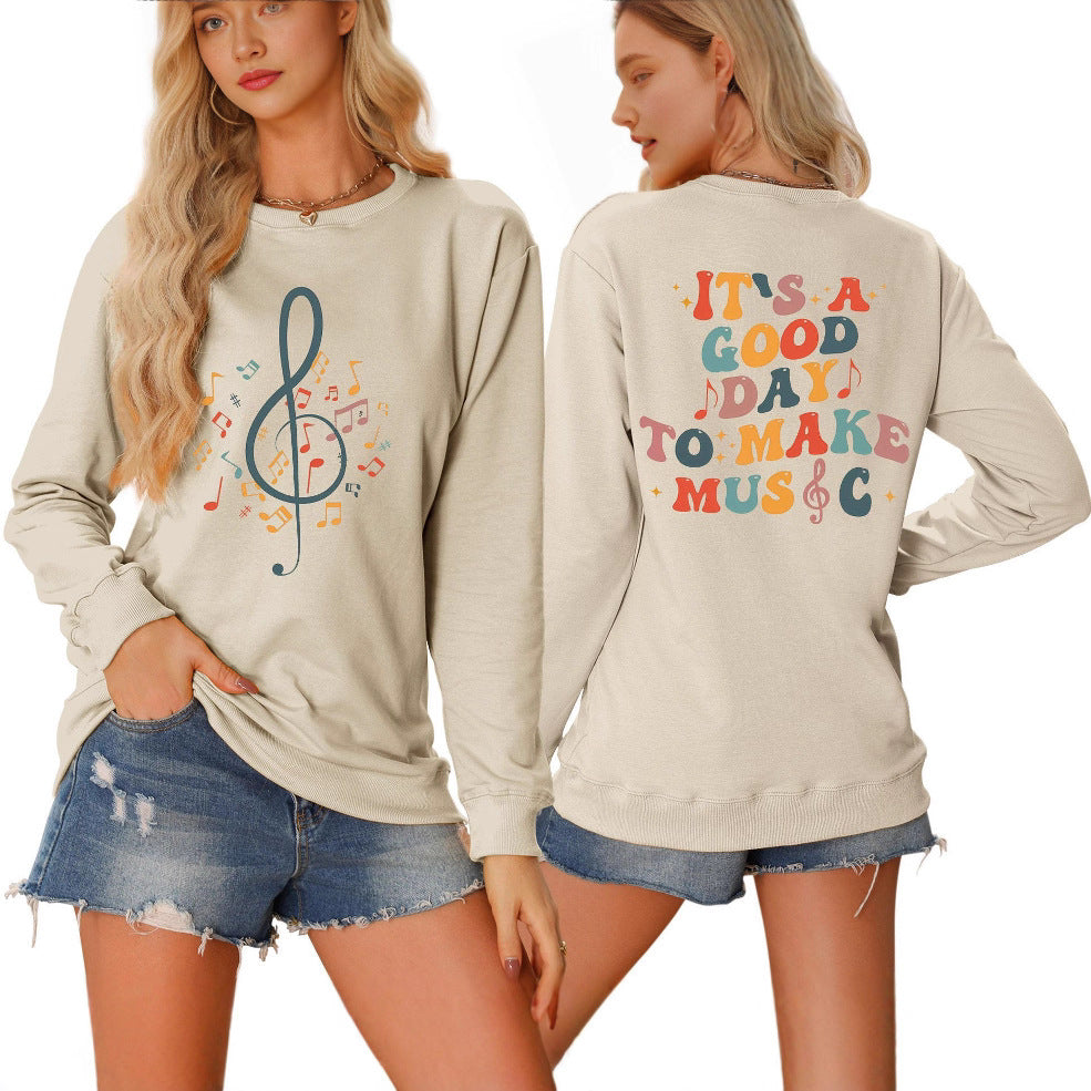 Damen Sweatshirt Musikalisches Motiv Kreativer Schriftzug Grau