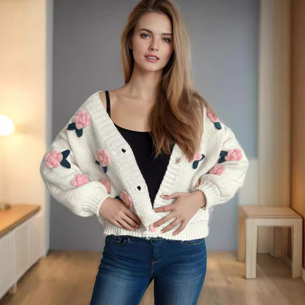 Damen Strickjacke Florales 3D-Design Große Knöpfe - Eveloria