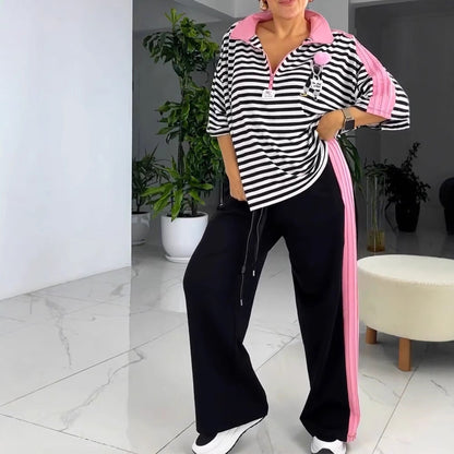 Damen Freizeitset mit Streifen Oberteil und Jogginghosen