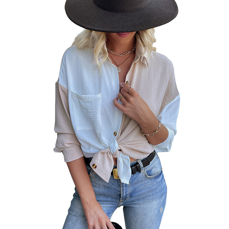 Damen Oversized Blusenhemd 2-Farb-Design Knopfdetails