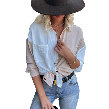Damen Oversized Blusenhemd 2-Farb-Design Knopfdetails