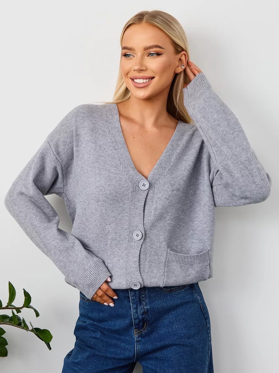 Damen Cardigan Grobstrick V-Ausschnitt mit Taschen Beige