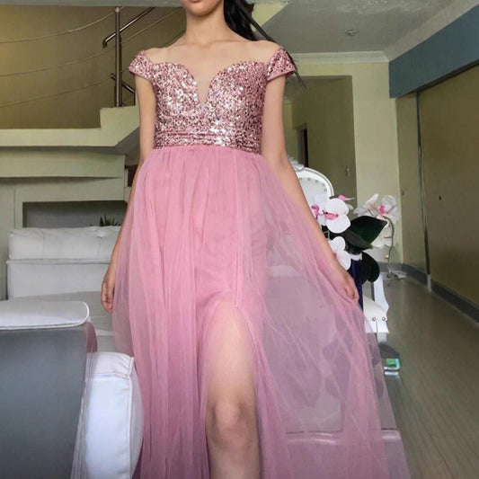 Damen Abendkleid Schulterfrei Glitzernd Eveloria - Eveloria