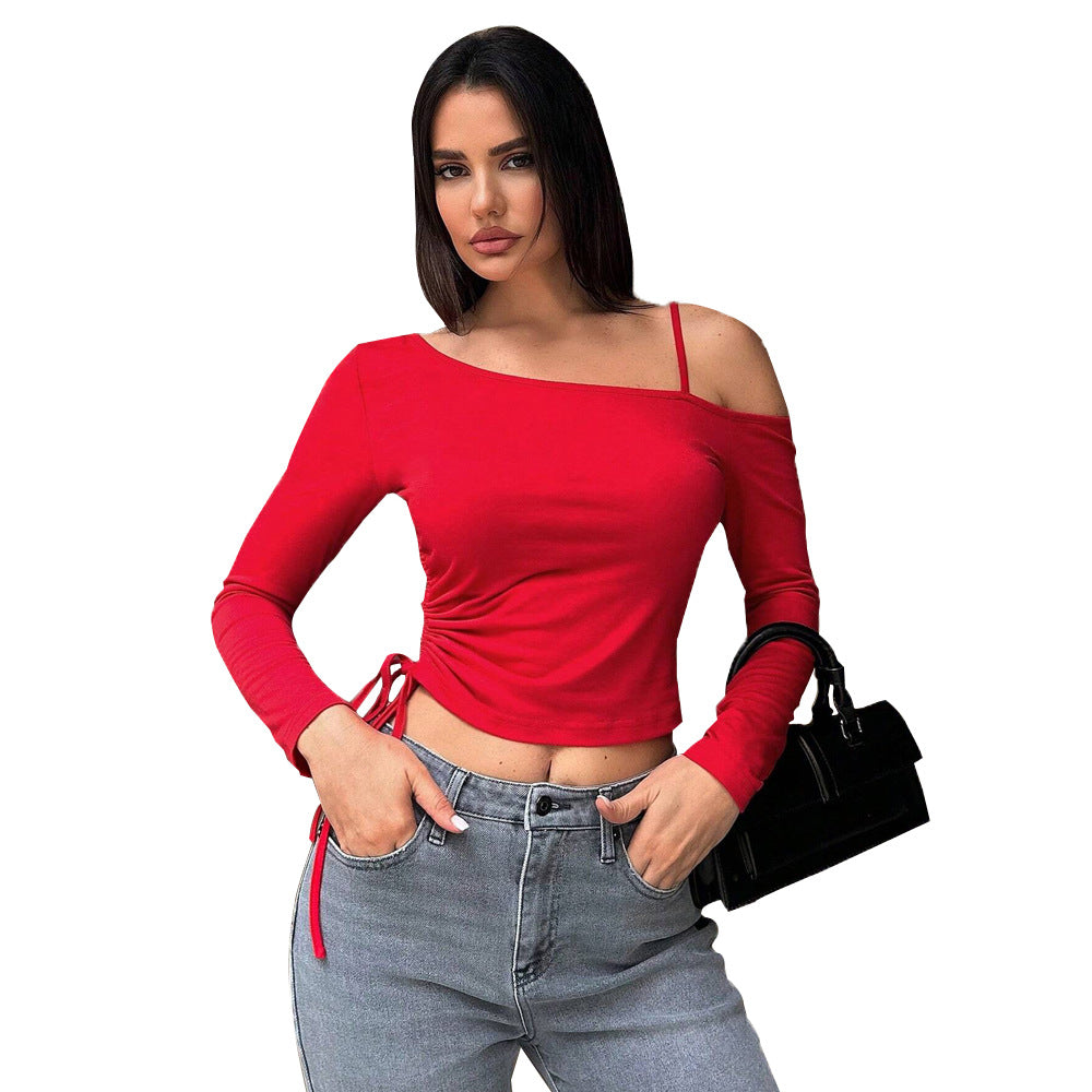 Damen Langarm Crop Asymmetrisch Raffung