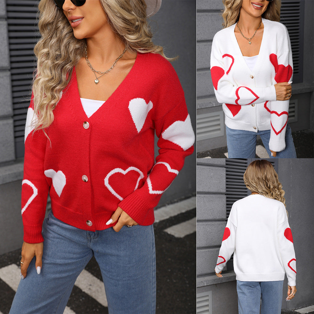 Damen Strickjacke Herzmuster Knopfverschluss - Eveloria