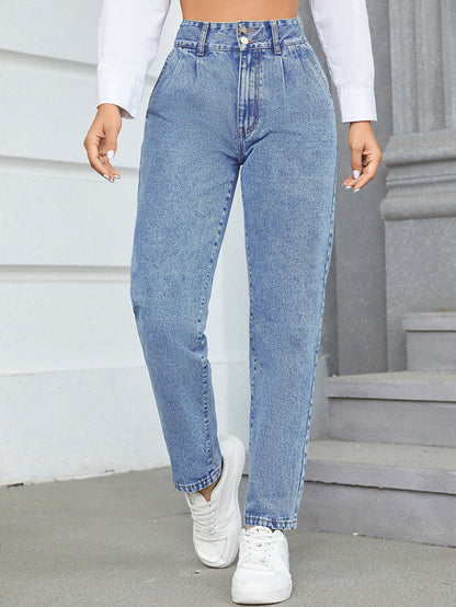 Damen High-Waist Boyfriend Jeans Klassischer Schnitt Knopfblau