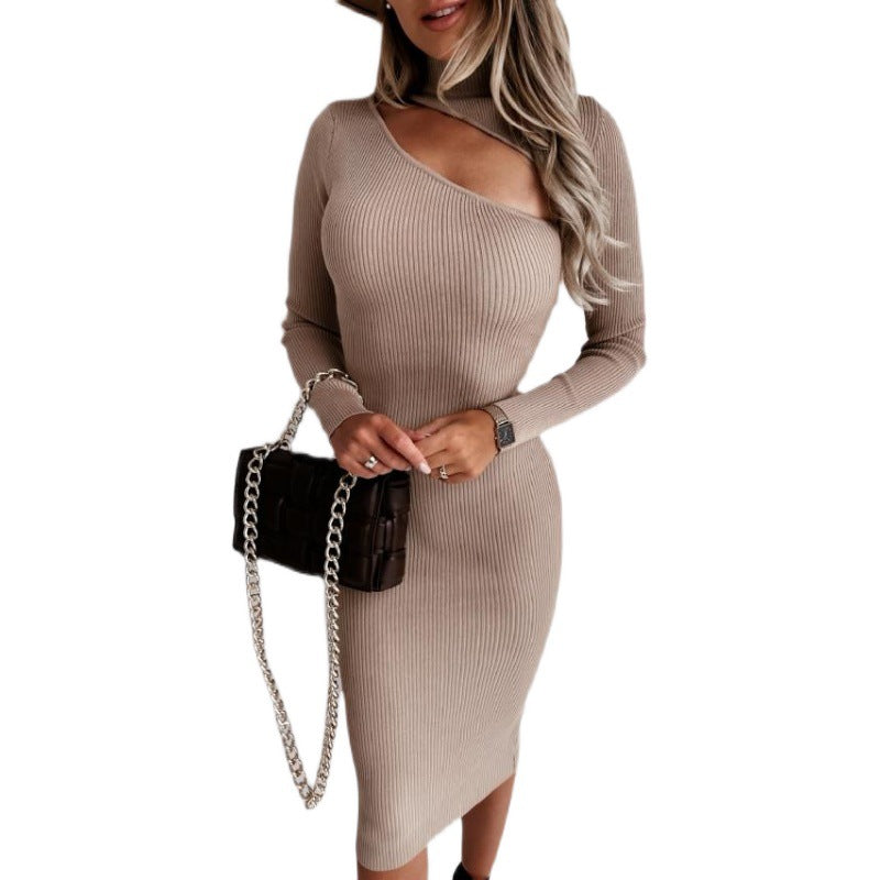Damen Strickkleid Asymmetrischer Ausschnitt Länge Knie