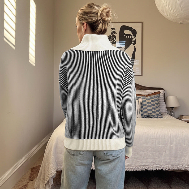 Damen Pullover Streifenmuster Eleganter Kragen Eveloria