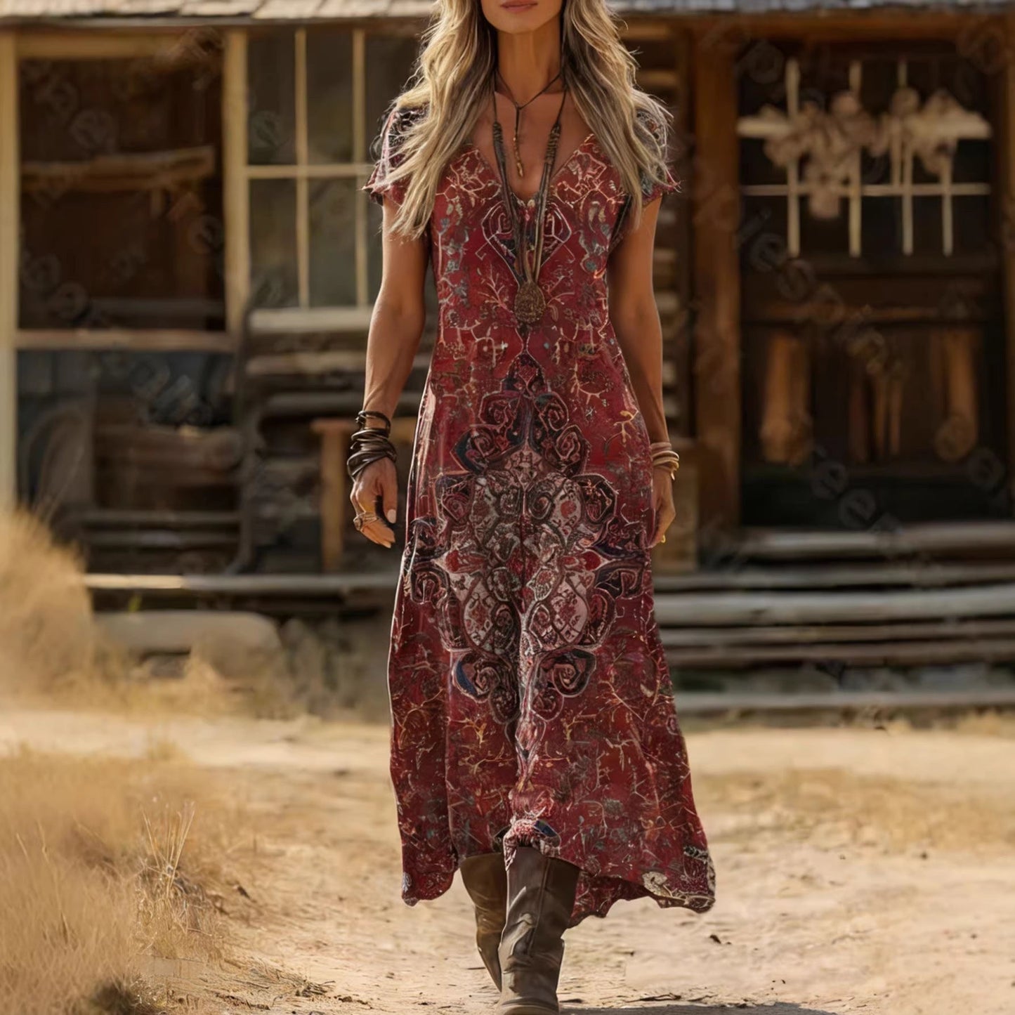 Damen Maxikleid V-Ausschnitt Kunstdruck Eveloria - Eveloria