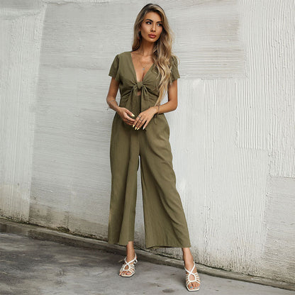 Damen Jumpsuit Hochgeschlossen Dekolleté Knoten-Detail Eveloria