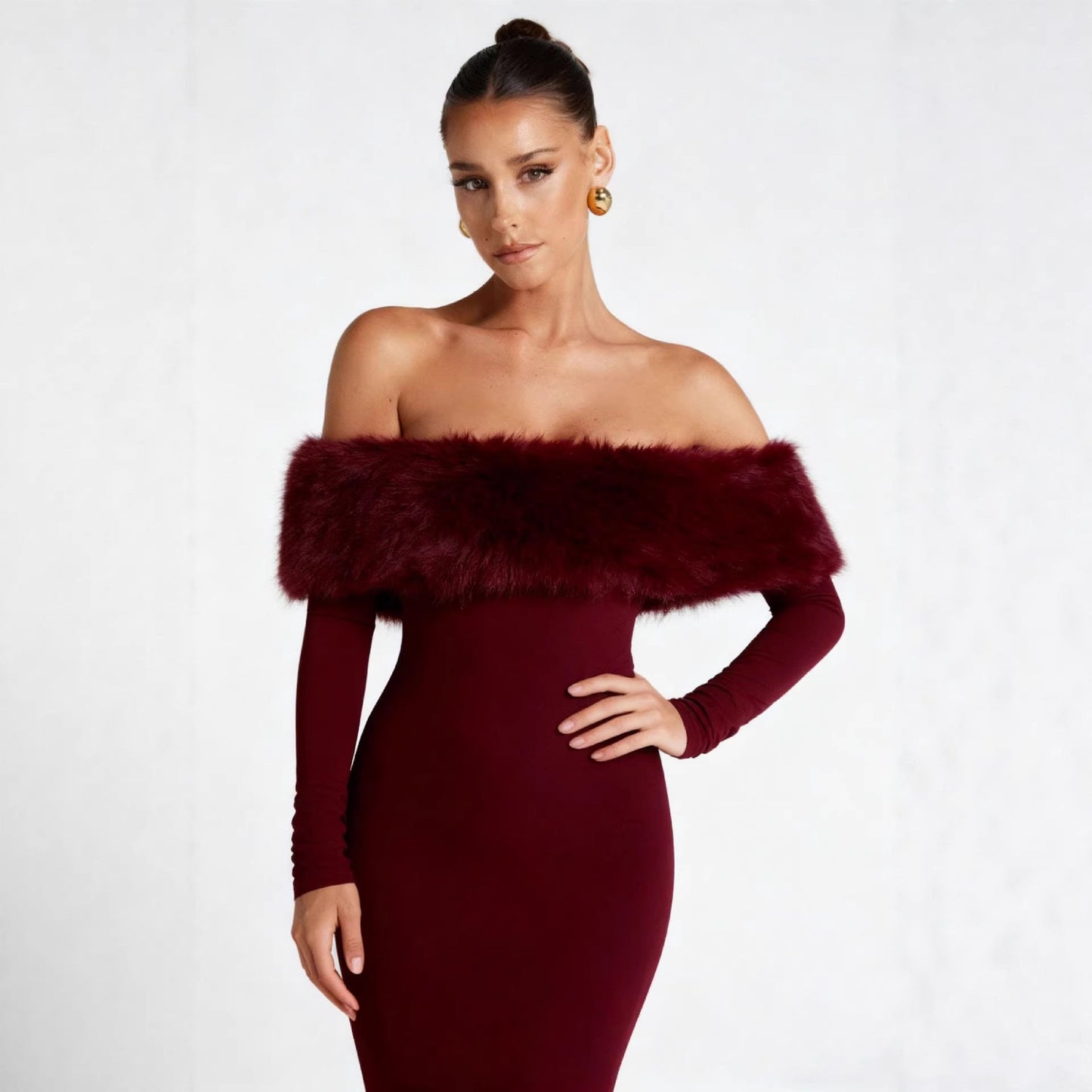 Damen Kleid Figurbetont mit abnehmbarem Kunstfell Eveloria