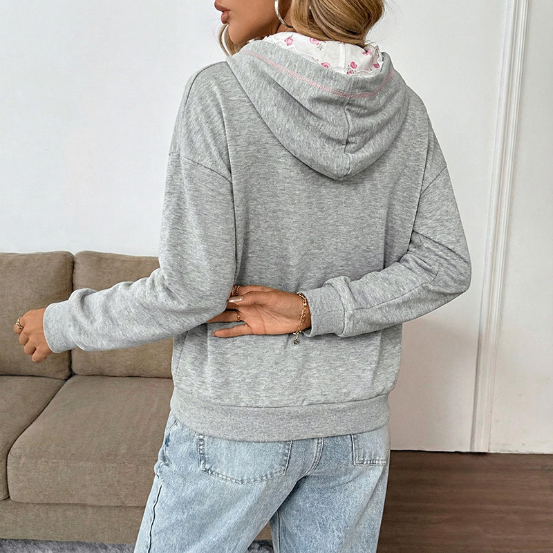 Damen Kapuzenpullover Spitze Taschen Beige