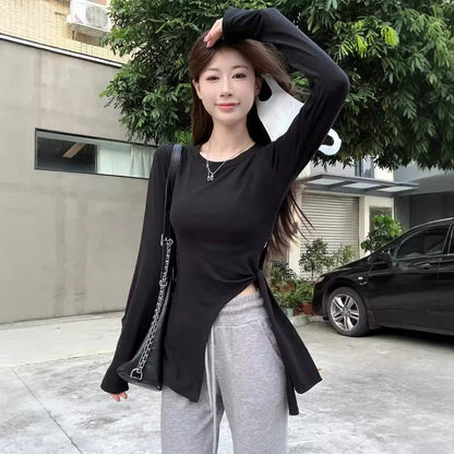 Damen Langarmshirt Rundhalsausschnitt Seitenschlitzen Eveloria