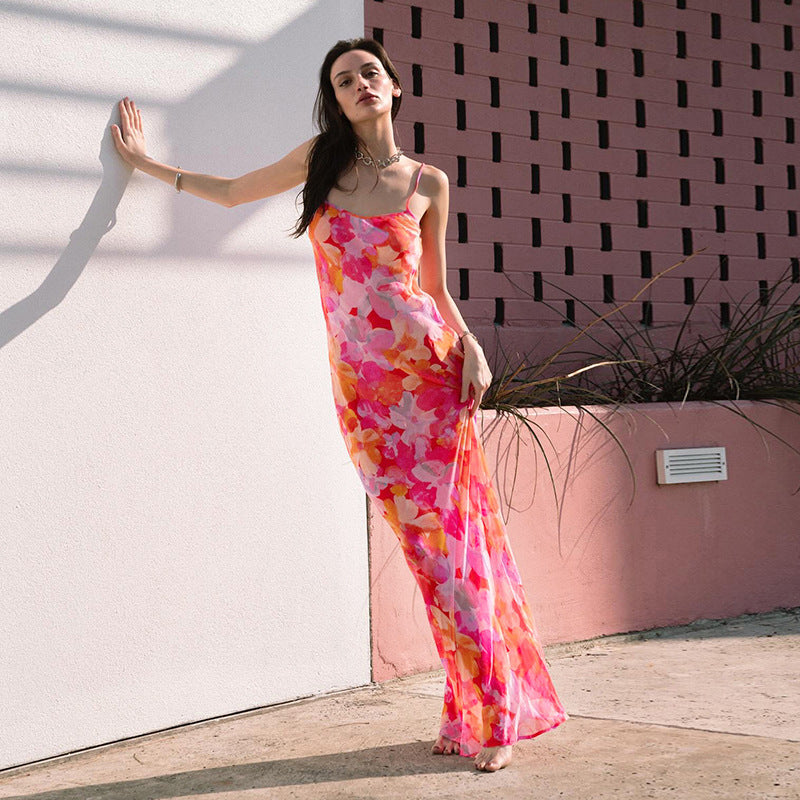 Damen Maxikleid Floral-Muster Spaghettiträger Fließend Eveloria - Eveloria