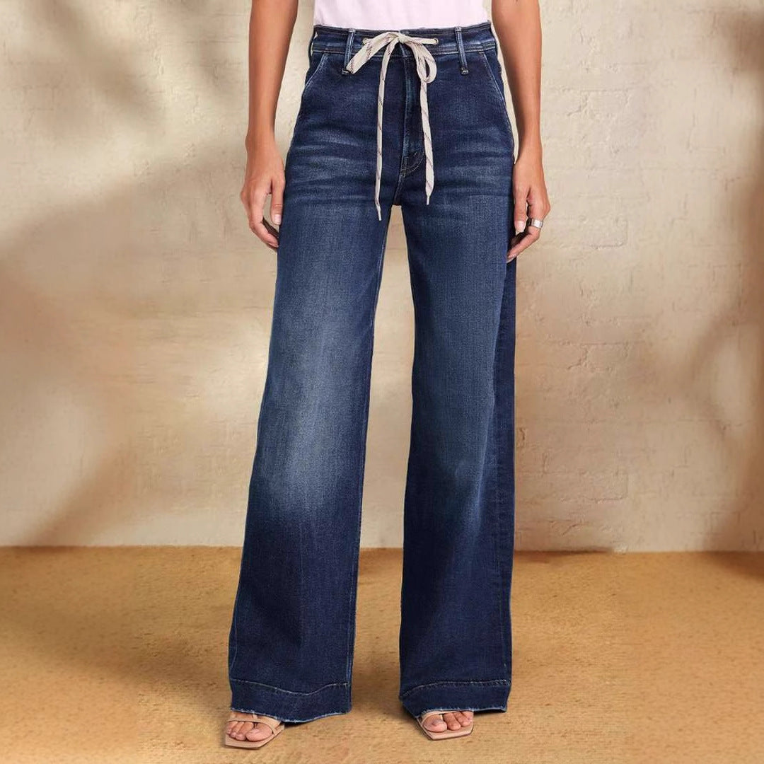 Damen Weite Jeans Verstellbarer Bund Trendig Blau Eveloria - Eveloria