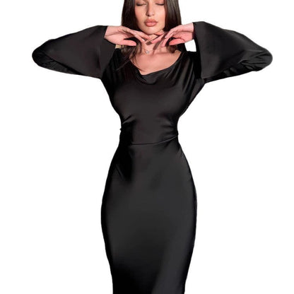 Damen Satin Maxi-Kleid Langärmlig Weite Ärmel Eveloria