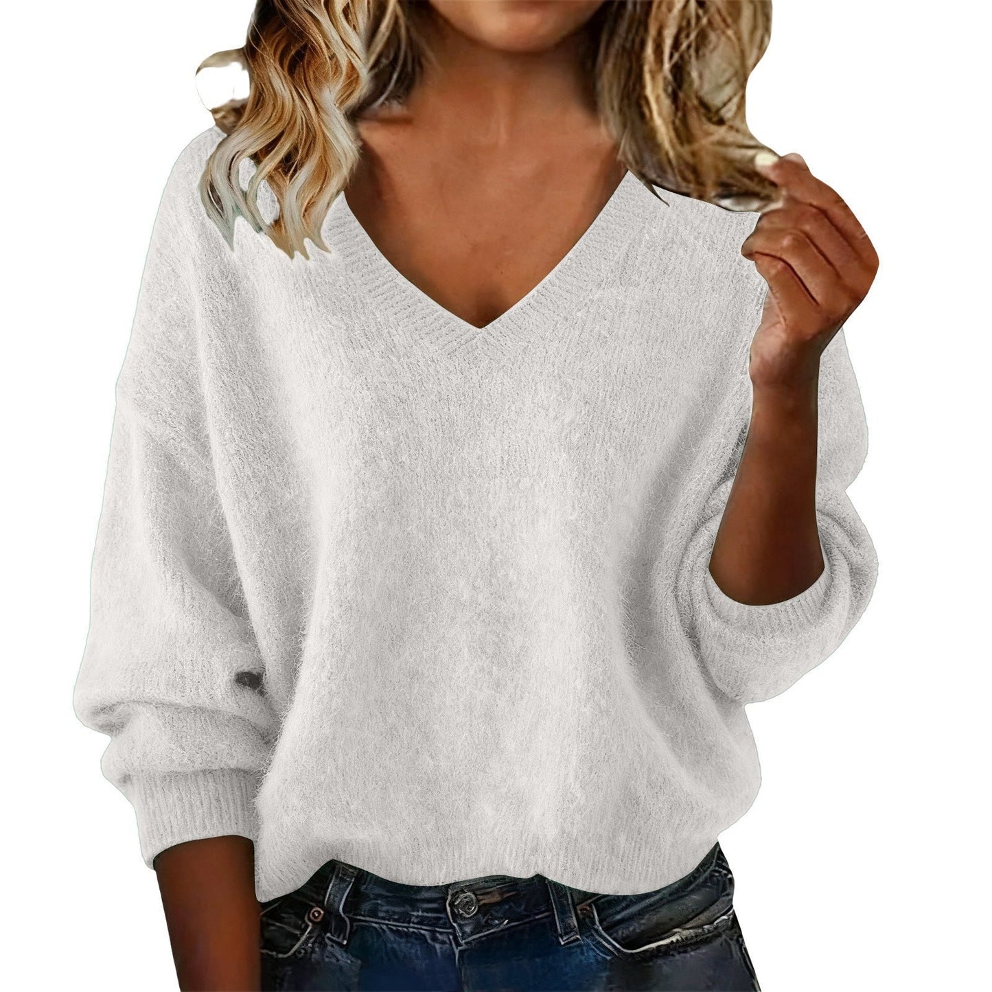 Damen Pullover V-Ausschnitt Weiches Fluff-Material Oversized - Eveloria
