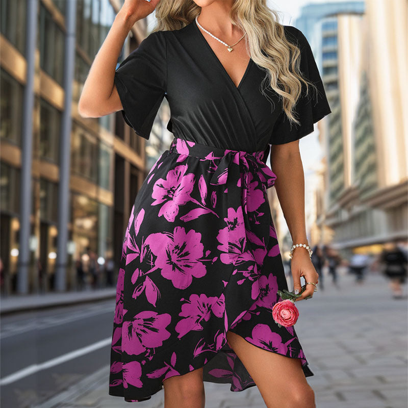 Eveloria Damen Wickelkleid Floralmuster Taillengürtel