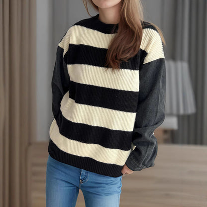 Damen Oversized Pullover Streifen Weiches Baumwoll-Mix Beige