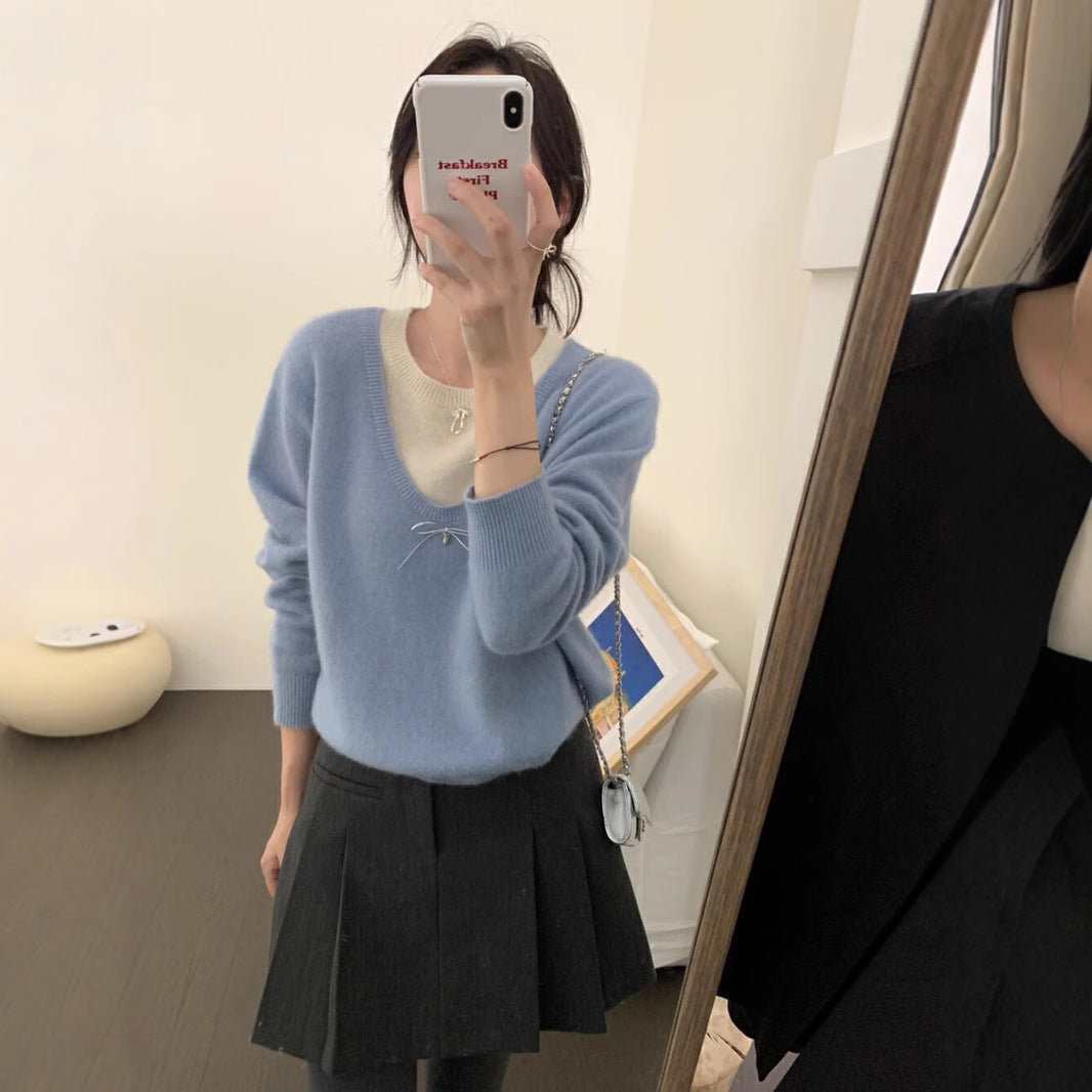 Damen Pullover V-Ausschnitt Schleifenapplikation Elegantes Design