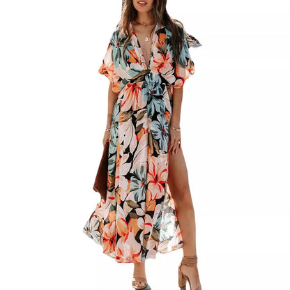 Damen Maxi-Kleid V-Ausschnitt Seitenschlitz Eveloria