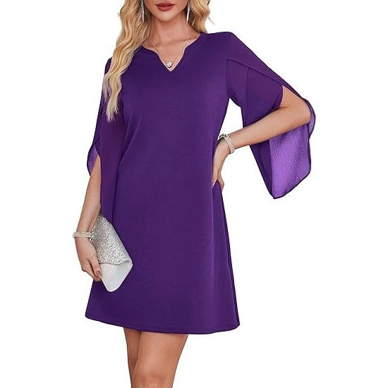 Damen V-Ausschnitt Kleid transparente Ärmel Eveloria