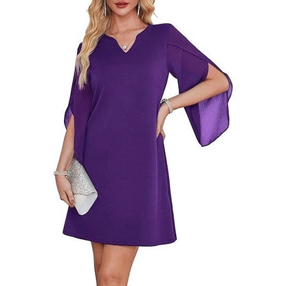Damen V-Ausschnitt Kleid transparente Ärmel Eveloria