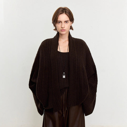 Damen Strickponcho Feine Wolle Luftig Beige - Eveloria