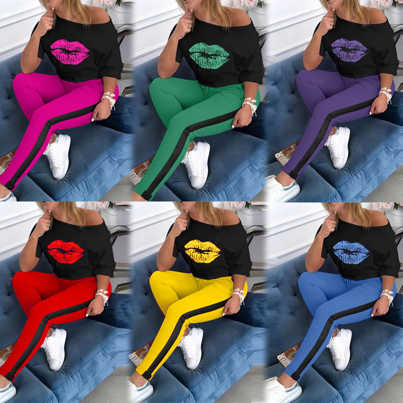Damen Sweatshirt Lippenmotiv mit sportlicher Leggings - Eveloria