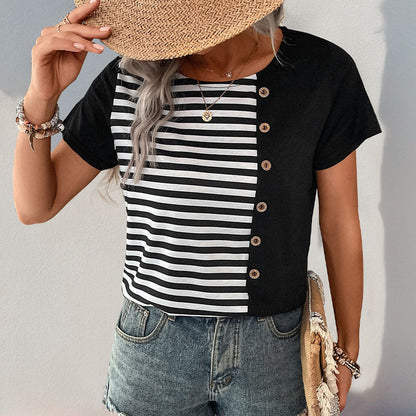 Damen T-Shirt Streifen Knopfdetails Weiß/